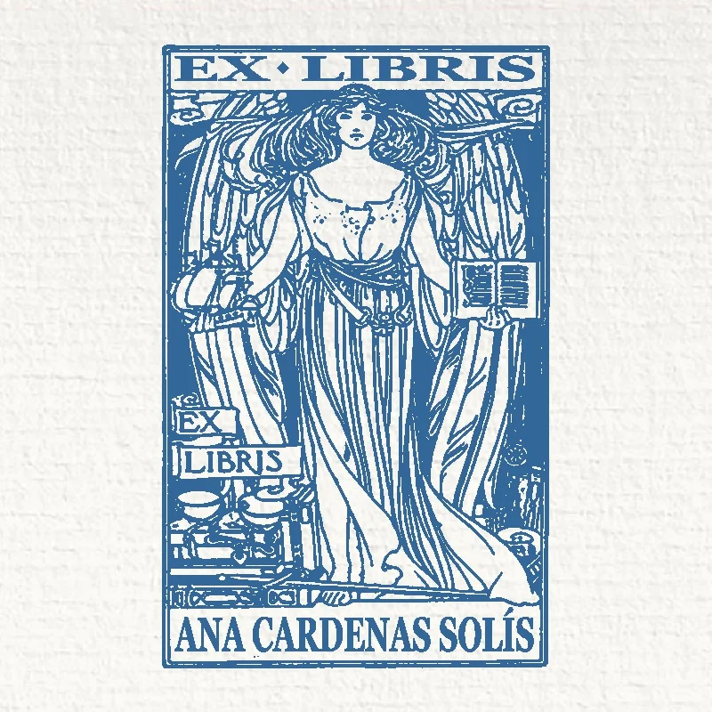 timbro ex libris donna con libro