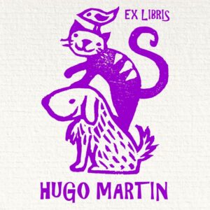 Sello ex libris perro gato y pájaro