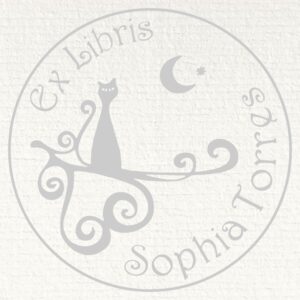 Sello ex libris en relieve gato bajo la luna