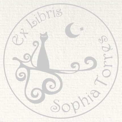 Sello ex libris en relieve gato bajo la luna