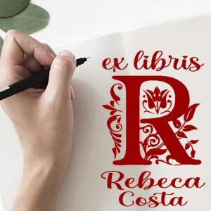 Sello ex libris inicial R con libro