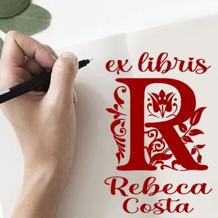 Sello ex libris inicial R con libro