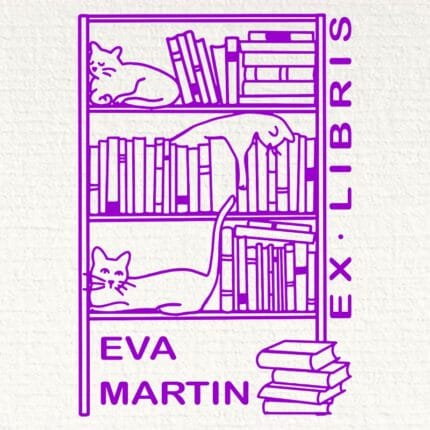 Sello Ex Libris estantería con gatos